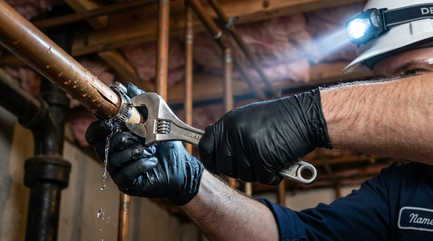 Emergency pipe clamp repair being performed by a Johns Plumbing LLC plumber in Morris