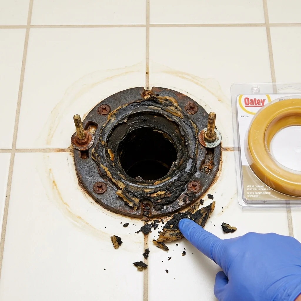 Failed wax ring showing water seepage at the base of a toilet in a Morris, MN home