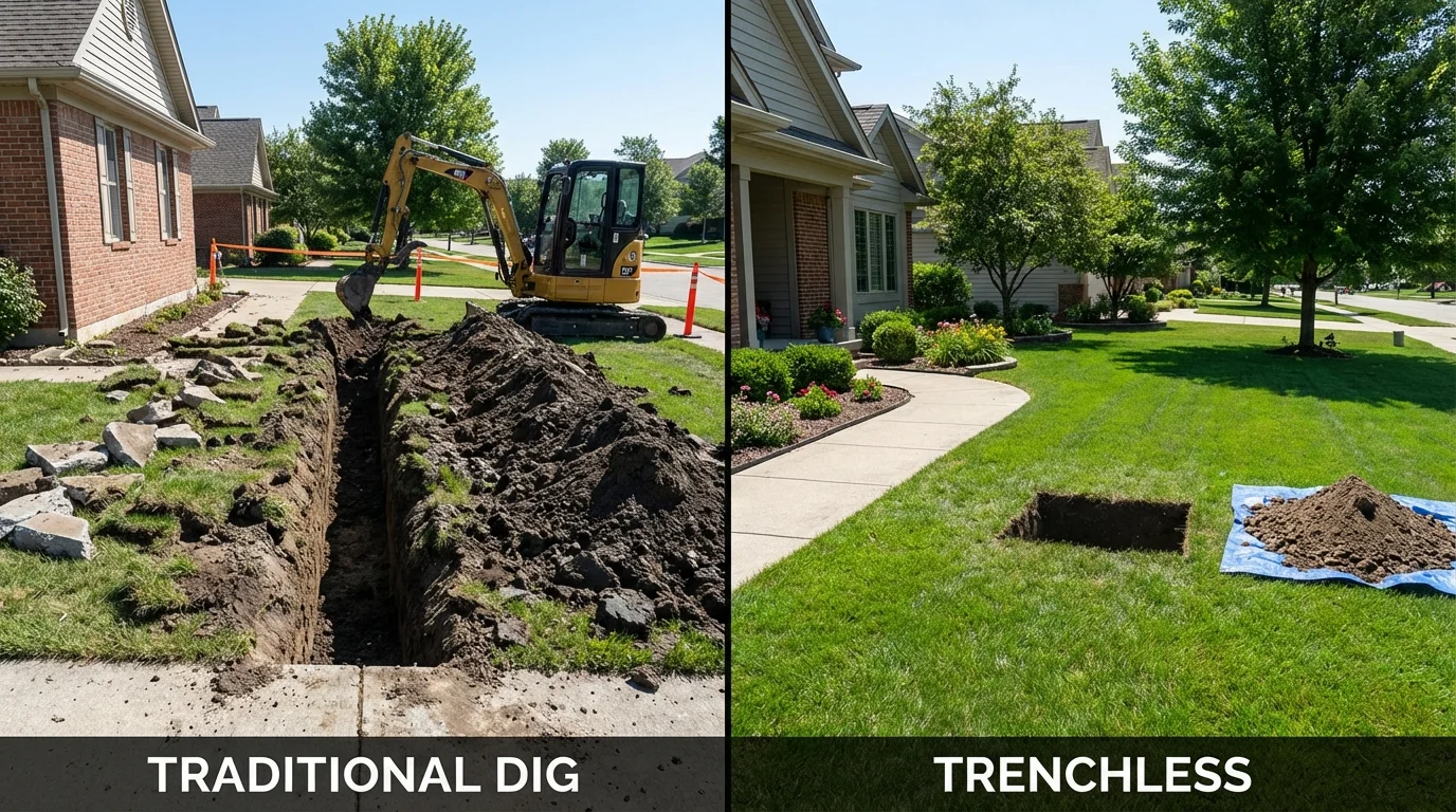 Trenchless sewer repair with minimal yard damage versus traditional excavation in Morris, MN