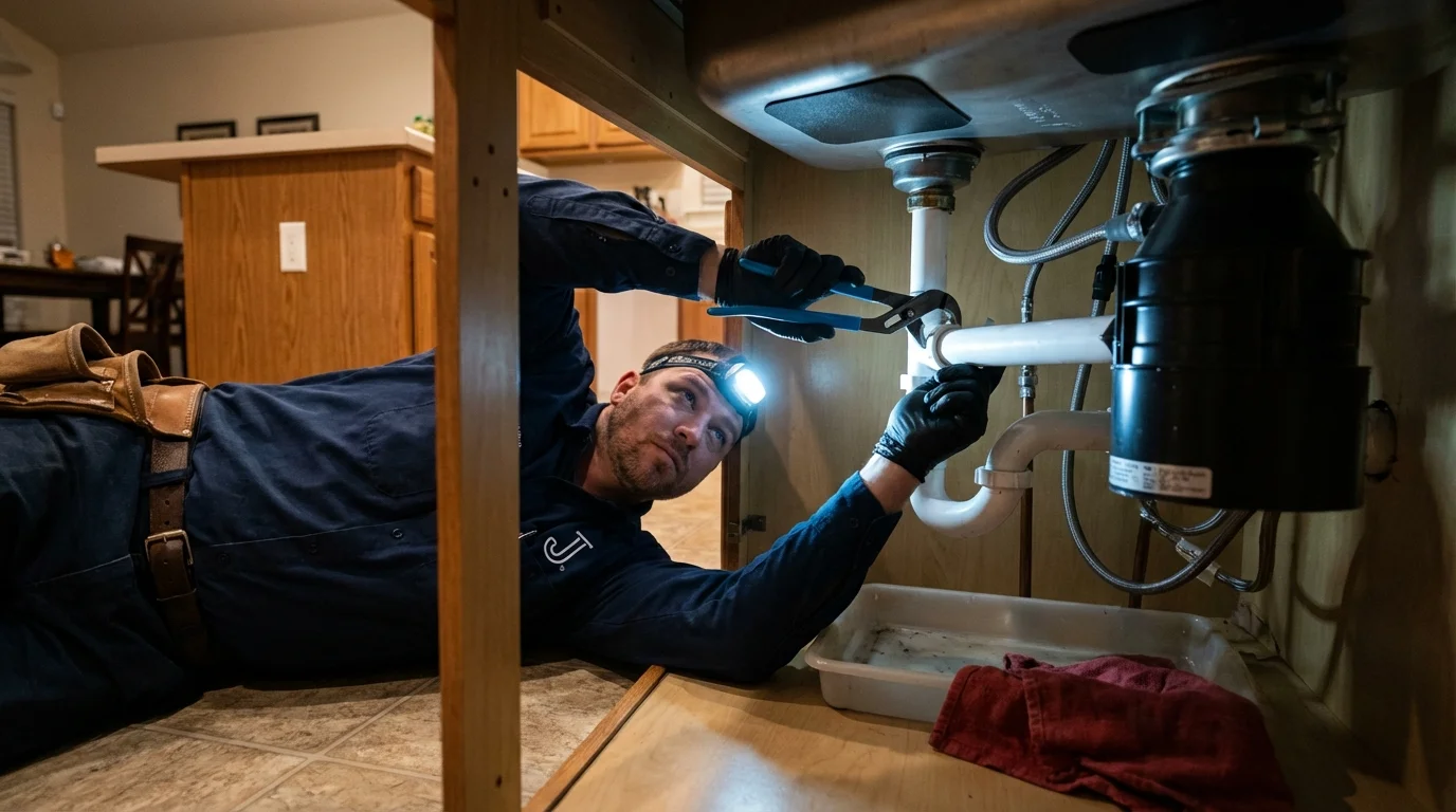 P-trap and supply line connections under a kitchen sink showing a common leak point in Morris, MN